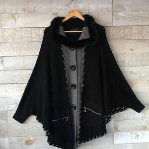 Rabbit Fur trim boucle batwing sleeve cardigan